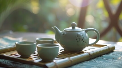 Jade Tea Set Displayed on Traditional Bamboo Tray with Soft Ambient Light