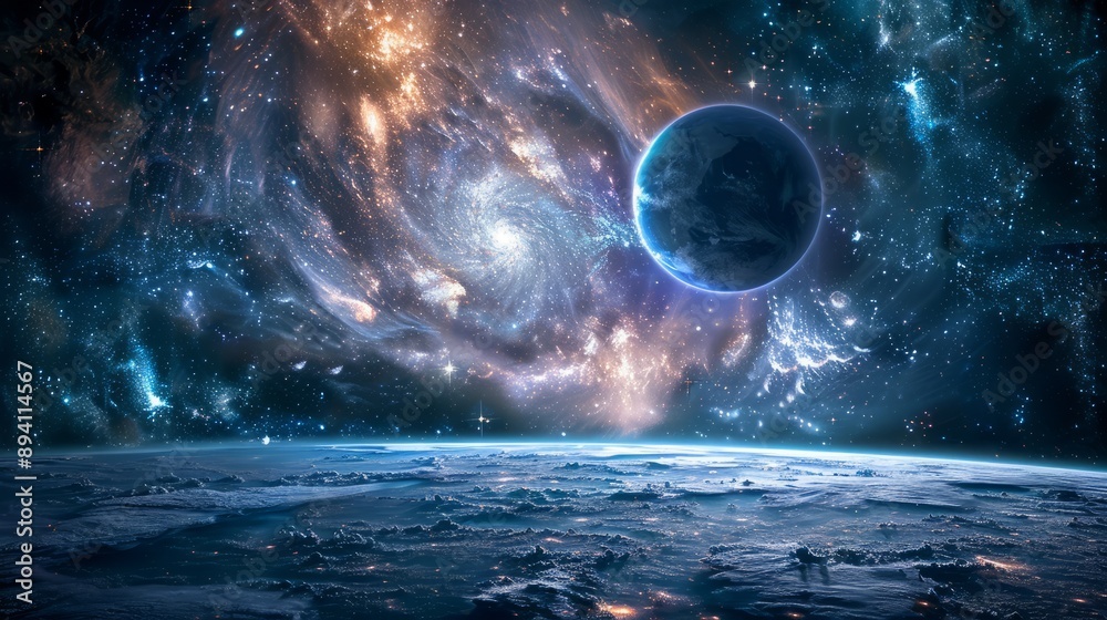 Wall mural stunning astronomy concept backdrop featuring a cosmic nebula with bright stars, galactic clouds, an