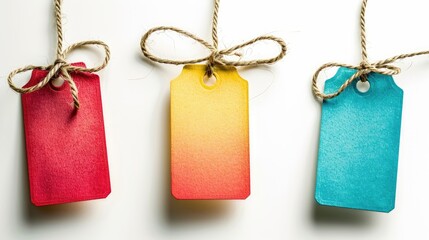 Colorful string tied to three labels on white with shadow