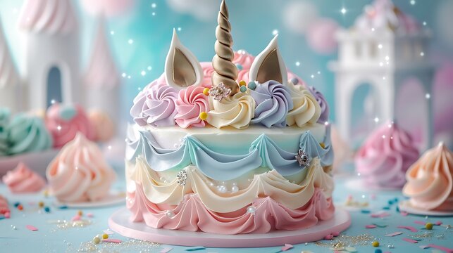 A pastel unicorn cake with a glittering horn, elegant ears, and a colorful buttercream mane. The background captures a fairytale setting with castles, rainbows, and enchanted gardens, hd quality,