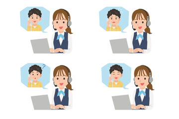 シニアと会話する女性オペレーター　表情セット