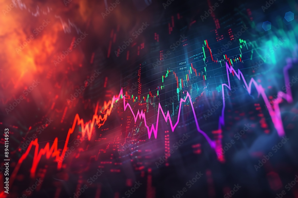 Poster financial data visualization: stock market chart with glowing effects
