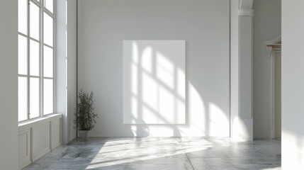 Blank wall frame in a modern, white-walled gallery space