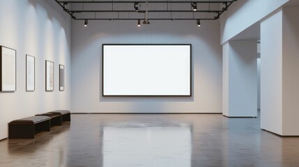 Blank wall frame in a modern, white-walled gallery space
