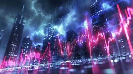 Obraz premium Cityscape with Lightning and Stock Charts