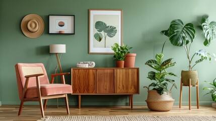 Obraz premium Chic living room setup with framed poster, comfy chair, wooden cabinet, side table, plants, and decor against sage green wall. Blank space for text.