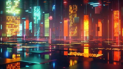 elegant image of a high-tech bond market, with digital bonds floating over a reflective surface, each illuminated by a different colored light