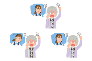 オペレーターに固定電話で苦情を言うシニア　表情セット