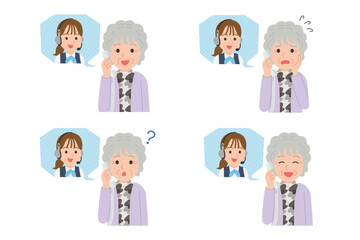 オペレーターと固定電話で通話するシニア　表情セット