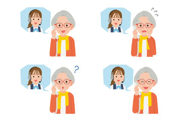 オペレーターと固定電話で通話するシニア　表情セット