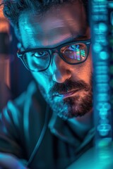 Close-up of IT staff working on restoring bank systems after a cyberattack, focused expressions and detailed screens, Portrait close-up, hyper-realistic, high detail, photorealistic, studio lighting,