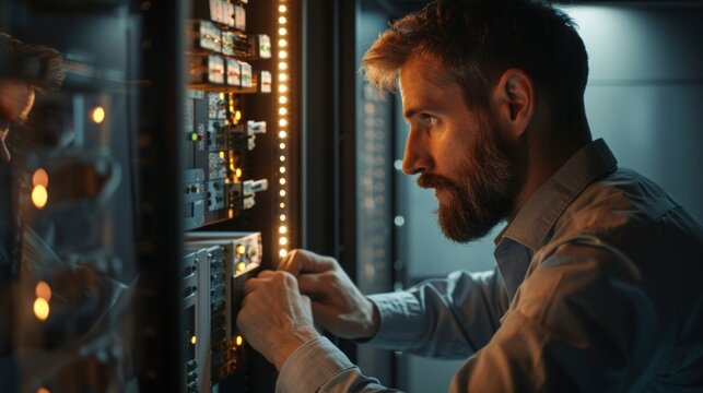 Close-up of IT staff installing new security software on bank systems after a cyberattack, detailed view of installation process, Portrait close-up, hyper-realistic, high detail, photorealistic,