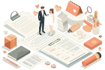 Illustration of a couple planning their wedding, surrounded by documents, calendars, and stationery items, symbolizing organization and love.