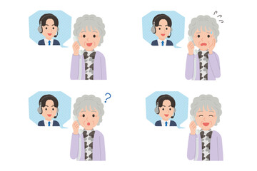オペレーターと固定電話で通話するシニア　表情セット