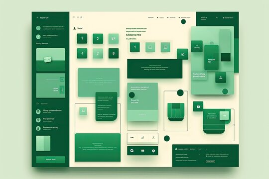 Modern UI design template showcasing user interface elements and widgets in a green color scheme.