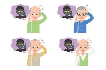 詐欺師と固定電話で通話するシニア　表情セット
