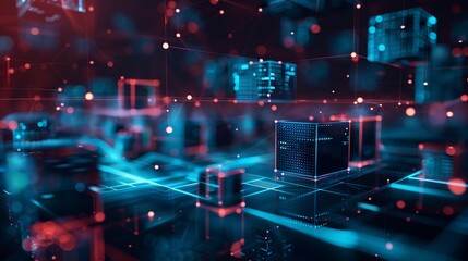Fototapeta premium 3d illustration of nanotech cubes in cyberspace representing decentralized global database structure, blockchain technology, and big data information flow in a high-tech, futuristic digital environmen