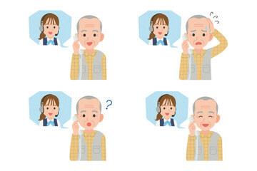 オペレーターと固定電話で通話するシニア　表情セット