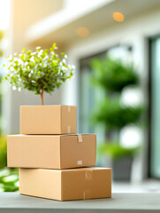 A serene scene featuring stacked cardboard boxes with a small potted plant, symbolizing eco-friendly shipping and sustainability.