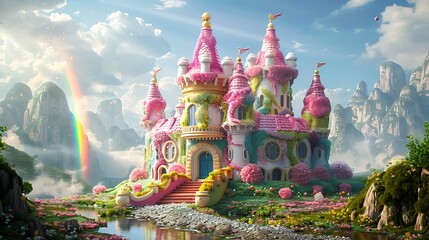 Obraz premium A whimsical cake in the form of a fairy tale castle, adorned with colorful turrets, elegant windows, and a charming drawbridge.