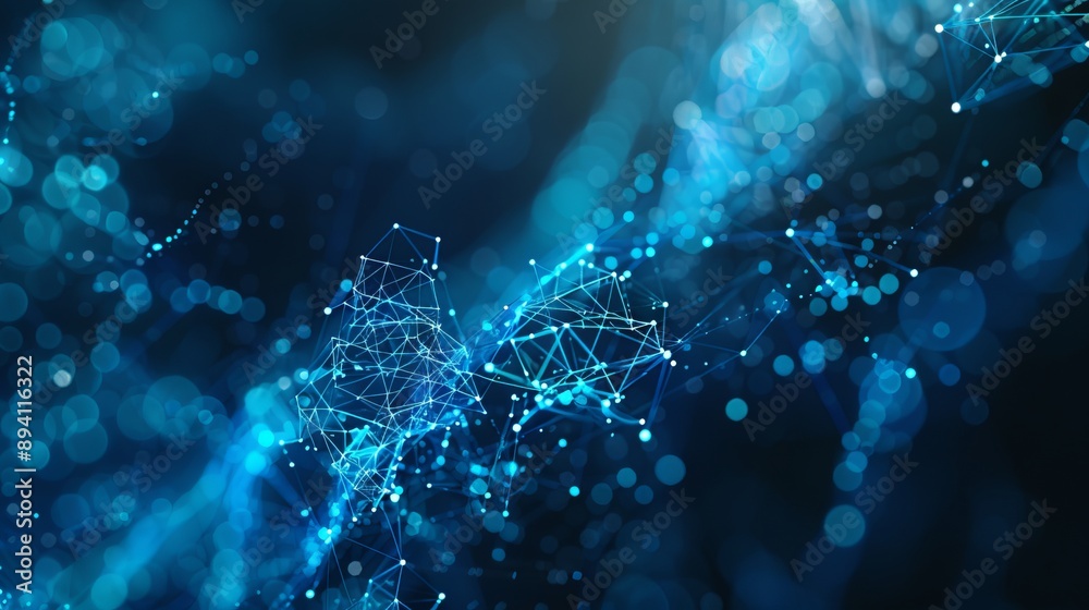 Poster blue fantasy abstract technology and science background featuring particles and plexus connected lin