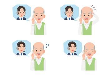 オペレーターと固定電話で通話するシニア　表情セット