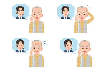 オペレーターと固定電話で通話するシニア　表情セット