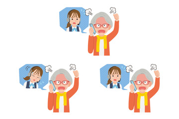 オペレーターにスマホで苦情を言うシニア　表情セット