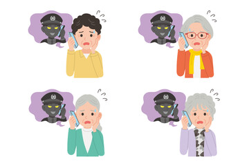 詐欺師とスマホで通話するシニア　表情セット