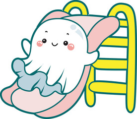 Illustration of cute white ghost icon.
Funny white ghost in activities stickers.
A cute white ghost playing in the sliding.