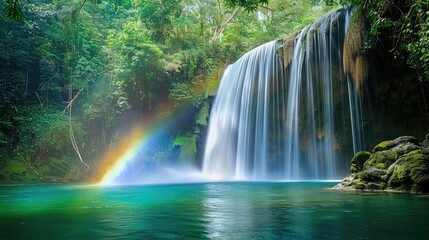 Fototapeta premium Majestic Waterfall with Vibrant Rainbow in Lush Forest