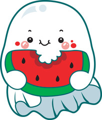 Illustration of cute white ghost icon.
Funny white ghost in activities stickers.
A cute white ghosts eating watermelon.