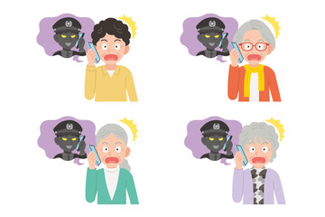 詐欺師とスマホで通話するシニア　表情セット