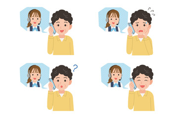 オペレーターとスマホで通話するシニア　表情セット