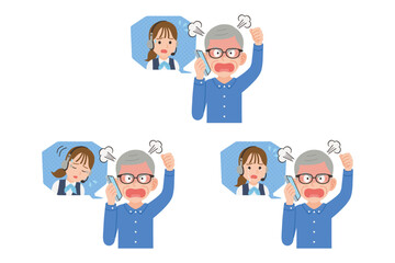 オペレーターにスマホで苦情を言うシニア　表情セット