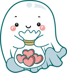 Illustration of cute white ghost icon.
Funny white ghost in activities stickers.
A cute white ghosts bring a buck of pink heart cookies.