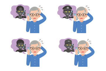 詐欺師とスマホで通話するシニア　表情セット