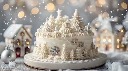 A beautifully crafted cake adorned with white and silver decorations, delicate snowflakes, and a light dusting of edible glitter.