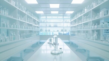 Obraz premium Clean pharmaceutical lab with organized shelves of chemicals