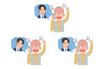 オペレーターにスマホで苦情を言うシニア　表情セット