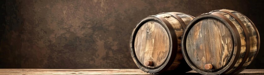 Two rustic wooden beer barrels on a wooden surface, set against a dark brown backdrop, creating a vintage brewery ambiance