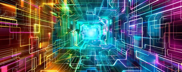 Obraz premium Futuristic geometric pattern in neon colors, Modern abstract design, Digital futuristic art composition