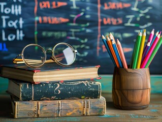 A stack of old books with a pair of round glasses and a cup of colorful pencils in front of a chalkboard filled with math equations