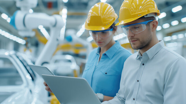 Engineers wearing safety helmets and goggles monitor the operations of a robotic assembly line using laptops in an advanced manufacturing facility.