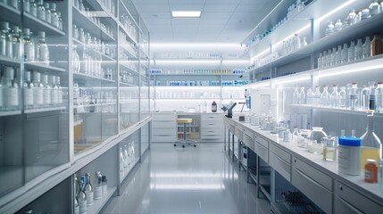 Obraz premium Clean pharmaceutical lab with organized shelves of chemicals