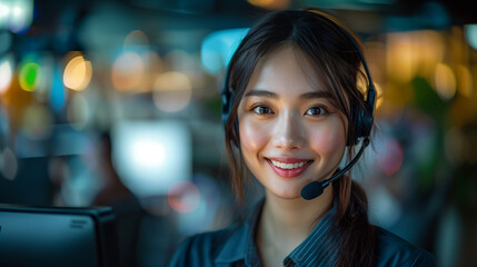 Portrait of beautiful smiling asian woman wearing headset working in call center office with computer, customer service and support concept , close-up shooting, 4k, ultra realism, high detail, Kodak