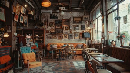 Vintage Cafe Interior with Eclectic Decor and Cozy Seating