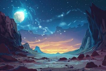 Fototapeta premium Rocky canyon landscape with blue moon and starry night sky