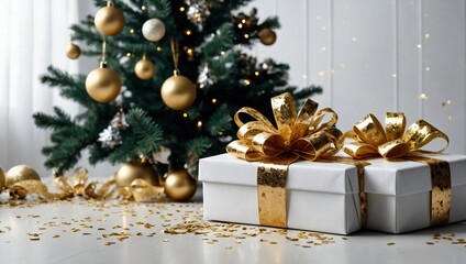 Holiday Scene with Decorated Christmas Tree and Colorfully Wrapped Presents
