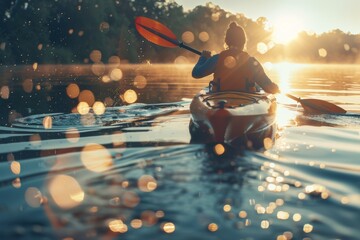 Joyful woman paddling a kayak on a serene lake, surrounded by the tranquility of nature, with the sun shining brightly and casting sparkles on the water.